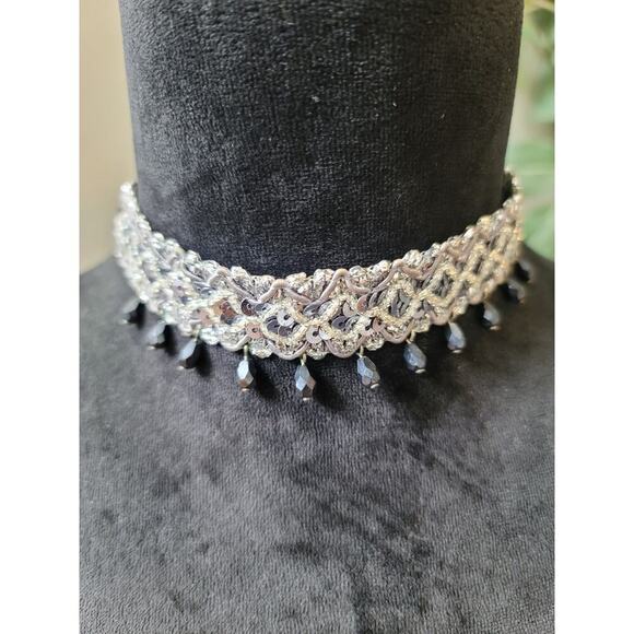 Women's Silver Sequin Beaded Choker Necklace With Black Drops And Lobster Clasp - Picture 2 of 6